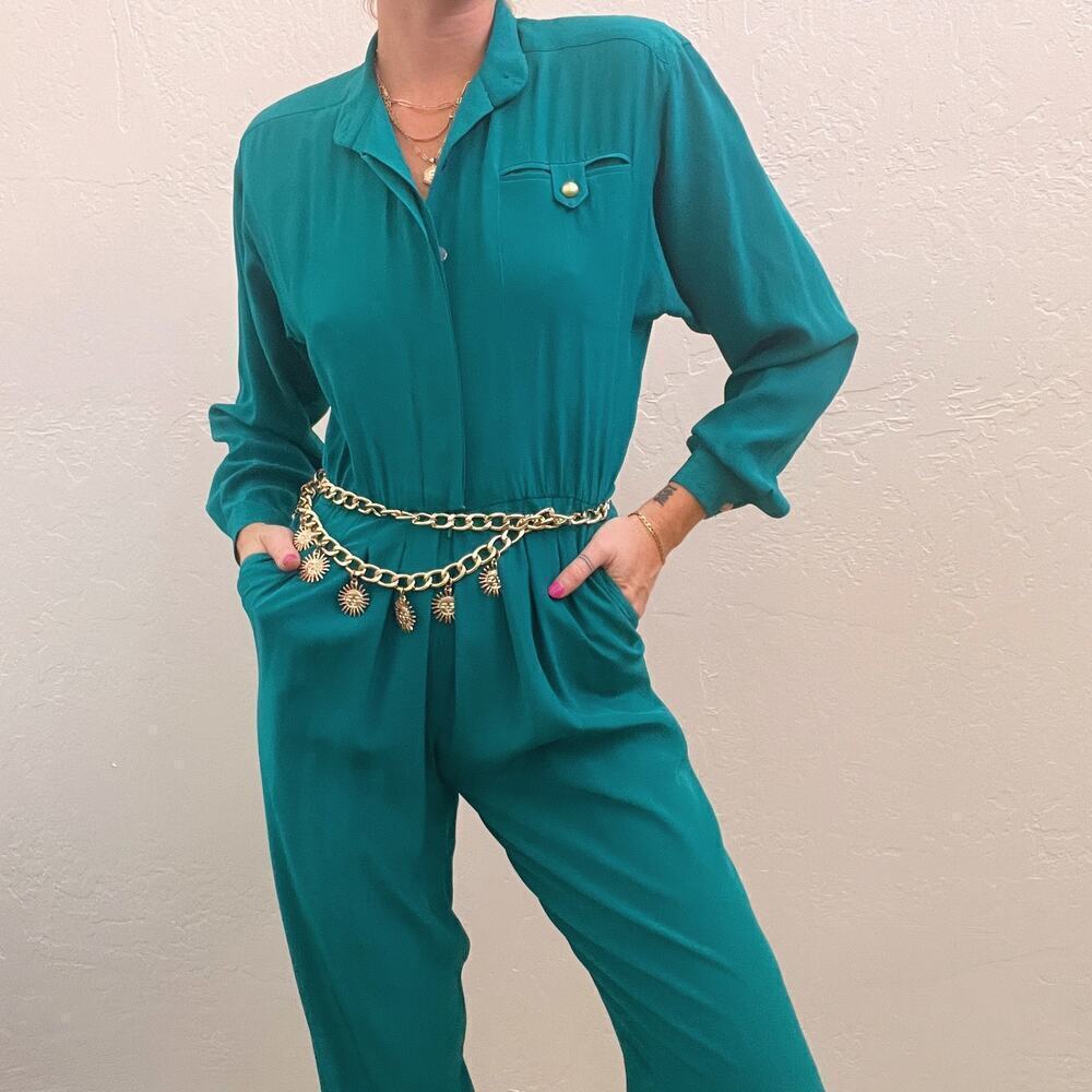 Vintage 1980's 100% Silk Turquoise Long Sleeve Utility Jumspuit